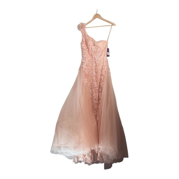 Abby Paris Longs by Lucci Lu Lace Gown with Tulle Overskirt in Blush NWT - Picture 2 of 12